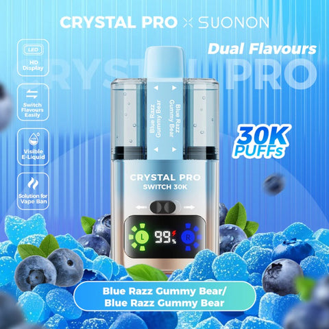 Buy cheapest online Crystal Pro Switch 30K Puffs Disposable Vape Blue Razz Gummy Bear and Blue Razz Cherry Ice at lowest price in uk