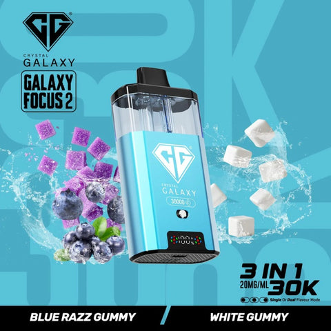 Buy cheapest online Crystal Galaxy Focus 2 30000 Puffs - Complaint June 1st (Ban Proof) Blue Razz Gummy White Gummy at lowest price in uk