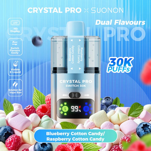 Buy cheapest online Crystal Pro Switch 30K Puffs Disposable Vape Blueberry Cotton Candy & Raspberry Cotton Candy at lowest price in uk