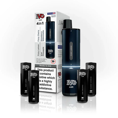 Buy cheapest online 4 in 1 IVG Air 2400 Puffs Prefilled Pod Kit - Complaint June 1st (Ban Proof) Black Edition (4 Pods x Multi Flavours) at lowest price in uk