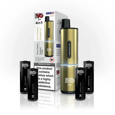 Buy cheapest online 4 in 1 IVG Air 2400 Puffs Prefilled Pod Kit - Box of 5 (Ban Proof) Gold Edition (4 Pods x Multi Flavours) at lowest price in uk