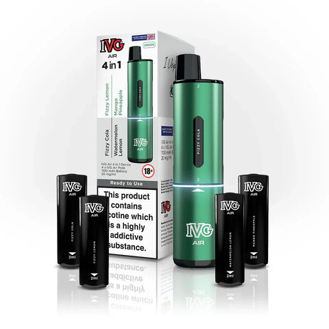 Buy cheapest online 4 in 1 IVG Air 2400 Puffs Prefilled Pod Kit - Box of 5 (Ban Proof) Green Edition (4 Pods x Multi Flavours) at lowest price in uk