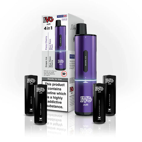 Buy cheapest online 4 in 1 IVG Air 2400 Puffs Prefilled Pod Kit - Complaint June 1st (Ban Proof) Purple Edition (4 Pods x Multi Flavours) at lowest price in uk