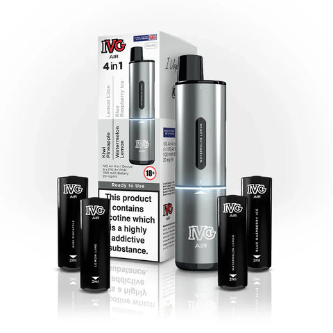 Buy cheapest online 4 in 1 IVG Air 2400 Puffs Prefilled Pod Kit - Box of 5 (Ban Proof) Silver Edition (4 Pods x Multi Flavours) at lowest price in uk