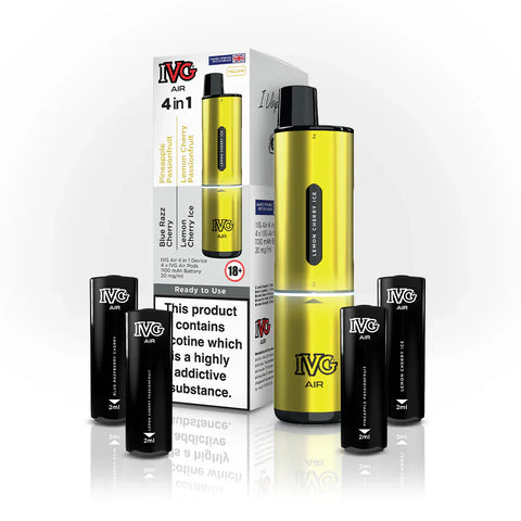Buy cheapest online 4 in 1 IVG Air 2400 Puffs Prefilled Pod Kit - Box of 5 (Ban Proof) Yellow Edition (4 Pods x Multi Flavours) at lowest price in uk