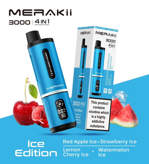 Buy cheapest online Merakii 3000 Puffs Disposable Vape 4 in 1 Pod System Kit Ice Edition (4 in 1) at lowest price in uk