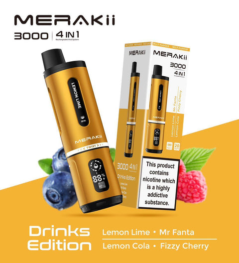 Buy cheapest online Merakii 3000 Puffs Disposable Vape 4 in 1 Pod System Kit Drinks Edition (4 in 1) at lowest price in uk