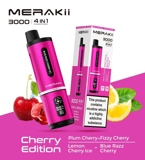 Buy cheapest online Merakii 3000 Puffs Disposable Vape 4 in 1 Pod System Kit Cherry Edition (4 in 1) at lowest price in uk