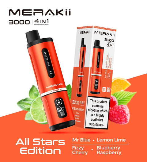 Buy cheapest online Merakii 3000 Puffs Disposable Vape 4 in 1 Pod System Kit All Stars Edition (4 in 1) at lowest price in uk