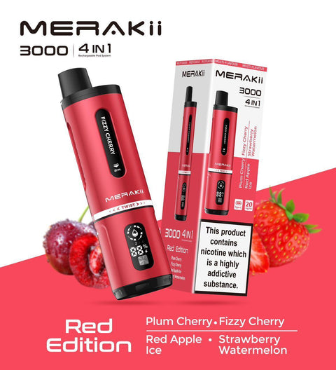 Buy cheapest online Merakii 3000 Puffs Disposable Vape 4 in 1 Pod System Kit Red Edition (4 in 1) at lowest price in uk