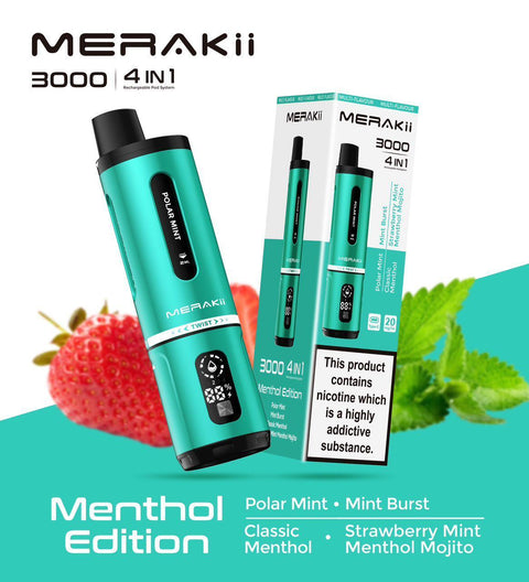 Buy cheapest online Merakii 3000 Puffs Disposable Vape 4 in 1 Pod System Kit Menthol Edition (4 in 1) at lowest price in uk