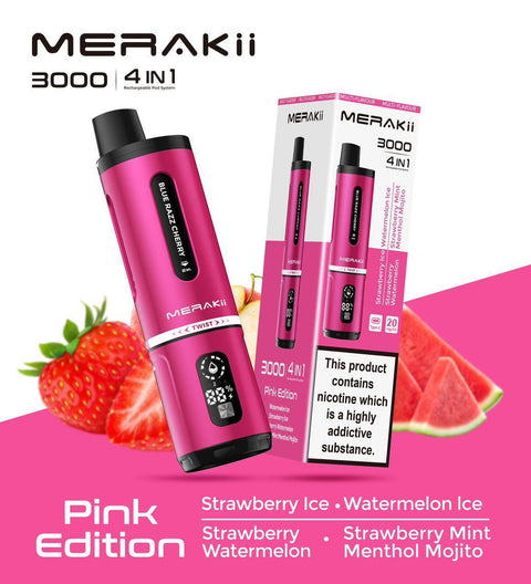 Buy cheapest online Merakii 3000 Puffs Disposable Vape 4 in 1 Pod System Kit Pink Edition (4 in 1) at lowest price in uk