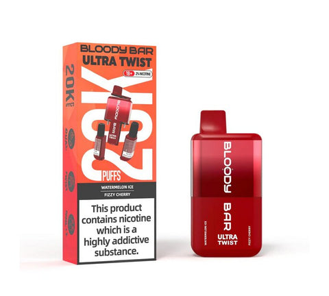 Buy cheapest online Bloody Bar Ultra Twist 20,000 Puffs Disposable Vape (BOX OF 5) Watermelon Ice Fizzy Cherry at lowest price in uk