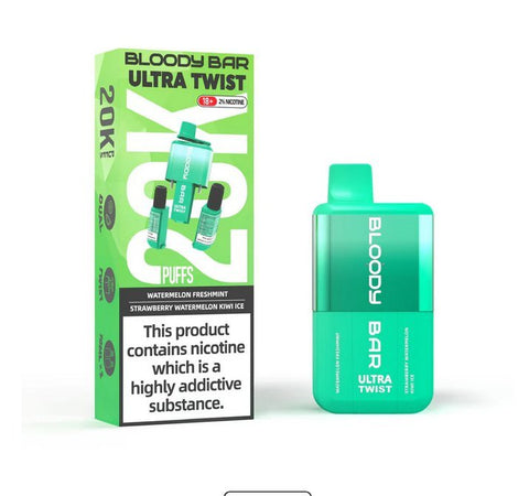 Buy cheapest online Bloody Bar Ultra Twist 20,000 Puffs Disposable Vape (BOX OF 5) Watermelon Freshmint Strawberry Watermelon Kiwi Ice at lowest price in uk