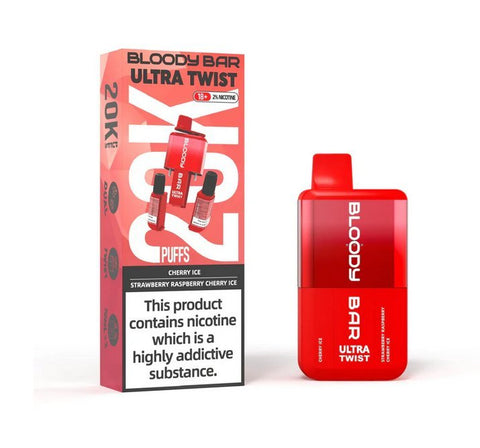 Buy cheapest online Bloody Bar Ultra Twist 20,000 Puffs Disposable Vape (BOX OF 5) Cherry Ice Strawberry Raspberry Cherry Ice at lowest price in uk