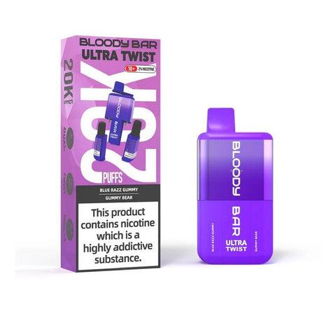 Buy cheapest online Bloody Bar Ultra Twist 20,000 Puffs Disposable Vape (BOX OF 5) Blue Razz Gummy Gummy Bear at lowest price in uk