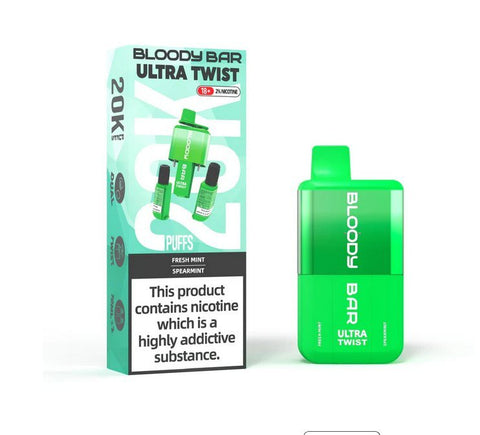 Buy cheapest online Bloody Bar Ultra Twist 20,000 Puffs Disposable Vape (BOX OF 5) Fresh Mint Spearmint at lowest price in uk