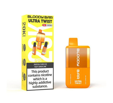 Buy cheapest online Bloody Bar Ultra Twist 20,000 Puffs Disposable Vape (BOX OF 5) Tropical Punch Ice Fizzy Lemon Lime at lowest price in uk