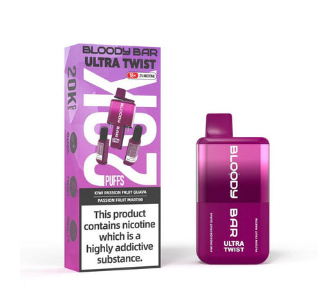 Buy cheapest online Bloody Bar Ultra Twist 20,000 Puffs Disposable Vape (BOX OF 5) Kiwi Passion Fruit Guava Passion Fruit Martini at lowest price in uk