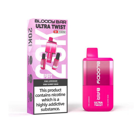 Buy cheapest online Bloody Bar Ultra Twist 20,000 Puffs Disposable Vape (BOX OF 5) Pink Lemonade Pink Gummy Bear at lowest price in uk