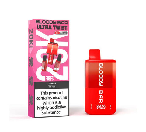 Buy cheapest online Bloody Bar Ultra Twist 20,000 Puffs Disposable Vape (BOX OF 5) Skittles Ice Pop at lowest price in uk