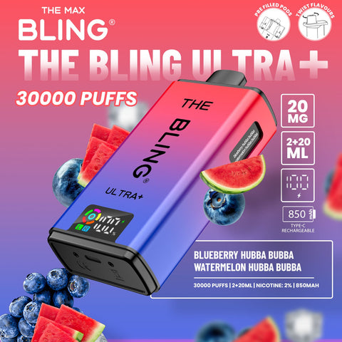 Buy cheapest online The Crystal Bling Ultra Plus 30k Prefilled Vape Kit Box of 5 Blueberry Hubba Bubba Watermelon Hubba Bubba at lowest price in uk
