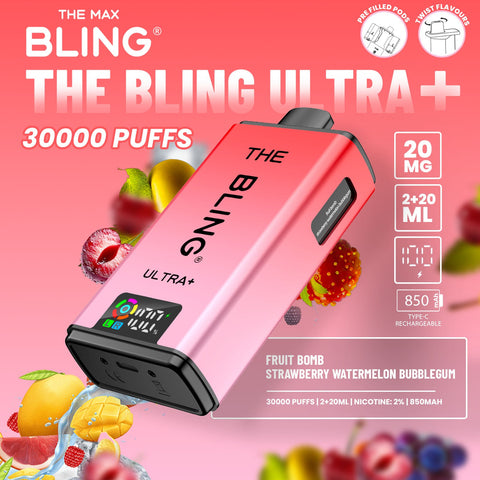 Buy cheapest online The Crystal Bling Ultra Plus 30k Prefilled Vape Kit Box of 5 Fruit Bomb Strawberry Watermelon Bubblegum at lowest price in uk