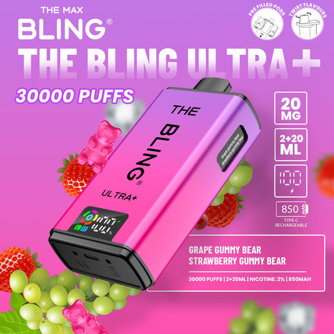 Buy cheapest online The Crystal Bling Ultra Plus 30k Prefilled Vape Kit Box of 5 Grape Gummy Bear Strawberry Gummy Bear at lowest price in uk