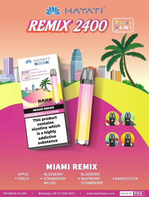 Buy cheapest online Hayati Remix 2400 Puffs 4 in 1 Disposable Vape Pod Kit Miami Remix at lowest price in uk