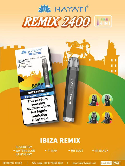 Buy cheapest online Hayati Remix 2400 Puffs 4 in 1 Disposable Vape Pod Kit Ibiza Remix at lowest price in uk