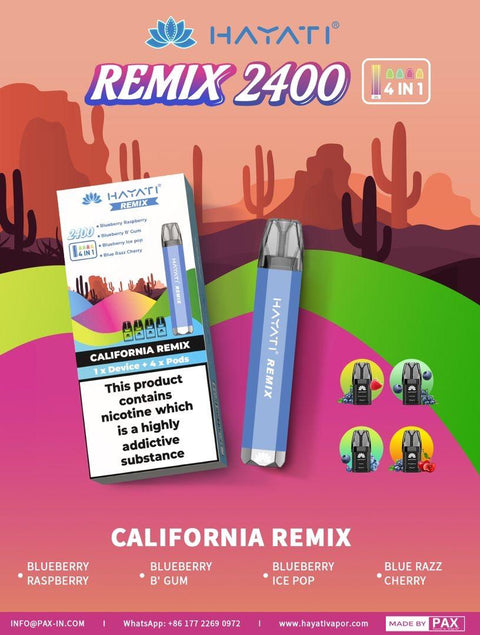 Buy cheapest online Hayati Remix 2400 Puffs 4 in 1 Disposable Vape Pod Kit California Remix at lowest price in uk