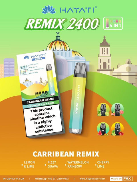 Buy cheapest online Hayati Remix 2400 Puffs 4 in 1 Disposable Vape Pod Kit Carribean Remix at lowest price in uk