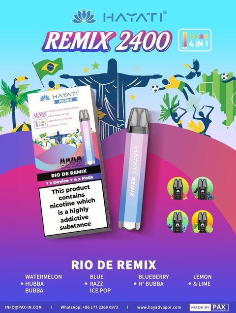 Buy cheapest online Hayati Remix 2400 Puffs 4 in 1 Disposable Vape Pod Kit Rio De Remix at lowest price in uk