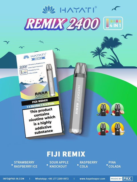 Buy cheapest online Hayati Remix 2400 Puffs 4 in 1 Disposable Vape Pod Kit Fiji Remix at lowest price in uk