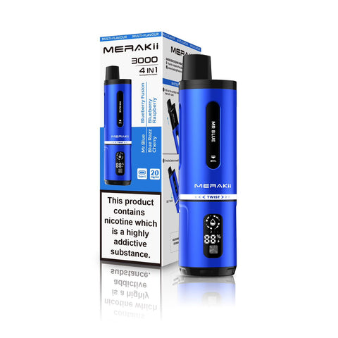 Buy cheapest online Merakii 3000 Puffs Disposable Vape 4 in 1 Pod System Kit Blue Edition (4 in 1) at lowest price in uk