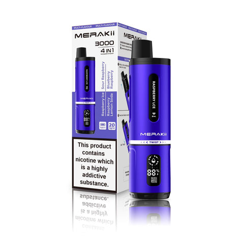 Buy cheapest online Merakii 3000 Puffs Disposable Vape 4 in 1 Pod System Kit Raspberry Edition (4 in 1) at lowest price in uk